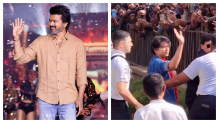 Vijay meets eager fans outside Thiruvananthapuram hotel, gets adorned by a garland. Watch videos