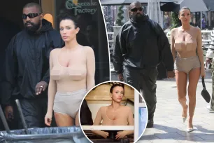 Bianca Censori wears sheer tights as a top for another Cheesecake Factory date with Kanye West