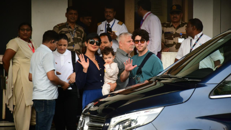 Priyanka Chopra-Nick Jonas’ daughter Malti Marie waves at photographers as they return to Mumbai after Holi celebration. Watch