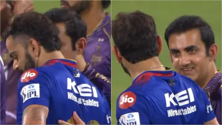 Gautam Gambhir and Virat Kohli share hug before Royal Challengers Bengaluru vs Kolkata Knight Riders IPL match. WATCH