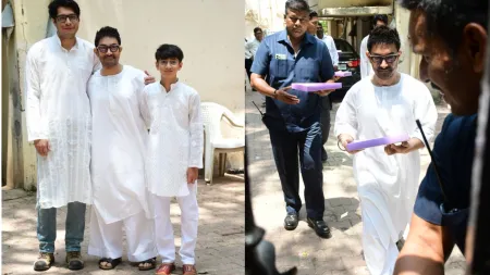 Aamir Khan, sons Junaid and Azad twin in white kurtas, feed kaju katlis to paparazzi on Eid. Watch