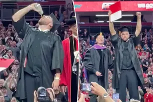 Beer-chugging Travis Kelce surprised with graduation at ‘New Heights’ live show after decade-long degree journey