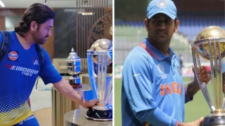 MS Dhoni reunited with 2011 ODI World Cup trophy in Mumbai ahead of MI vs CSK