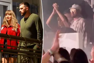 Taylor Swift and Travis Kelce dance together during Bleachers performance at Coachella 2024