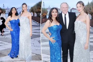 Salma Hayek and stepdaughter Mathilde Pinault twin in strapless, tinsel-style gowns