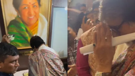 Amitabh Bachchan, Abhishek Bachchan pay respect to Lata Mangeshkar, bow down to her portrait at award ceremony. Watch