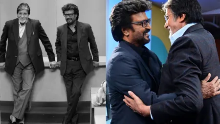 Amitabh Bachchan, Rajinikanth reunite on the sets of Vettaiyan; strike poses in sleek stylish suits. See photos