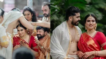 Jayaram’s daughter Malavika ties the knot with Navaneeth, Mohanlal blesses the newlyweds. See photos, videos