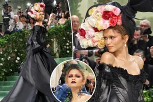 Zendaya changes into second outfit with giant train and flower hat on Met Gala 2024 red carpet