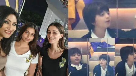 Suhana Khan, Ananya Panday, AbRam Khan, and Juhi Chawla enjoy Kolkata Knight Riders match at Eden Gardens. Watch