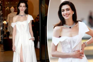 Anne Hathaway pairs Gap shirt dress with millions in Bulgari diamonds