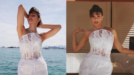 Jacqueline Fernandez enjoys some sun and sand at Cannes in an ivory dress. See pics