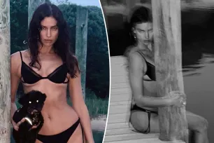 Irina Shayk kicks off bikini season in a tiny black swimsuit during Memorial Day getaway with daughter and dog