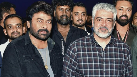 Ajith Kumar meets Telugu megastar Chiranjeevi on sets of Vishwambara. See pics