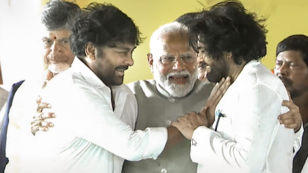 PM Modi pulls Chiranjeevi on dais as brother Pawan Kalyan takes oath as Andhra minister, Rajinikanth and Nandamuri Balakrishna attend