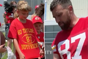 Watch Travis Kelce high-five young Chiefs fan rocking ‘Taylor’s Boyfriend’ shirt