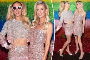 Paris and Nicky Hilton twin in pink sequins at Alice + Olivia Pride party