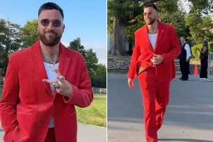 Travis Kelce reps Chiefs red in corduroy suit at team’s Super Bowl ring ceremony