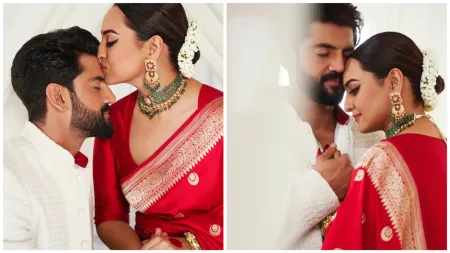 Sonakshi Sinha kisses husband Zaheer Iqbal in wedding reception photos, thanks family: ‘If this is not divine intervention…’