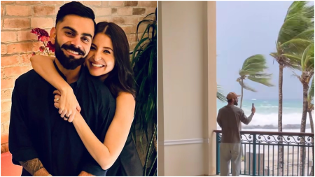 Virat Kohli video calls Anushka Sharma to show her turbulent weather in Barbados where Team India is stranded. Watch