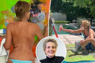 Sharon Stone, 66, ditches top to paint in bikini bottoms: ‘Goddess behavior’