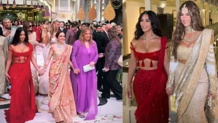 Kim Kardashian and Khloe Kardashian dress up in lehengas for Anant Ambani and Radhika Merchant’s wedding. See photos