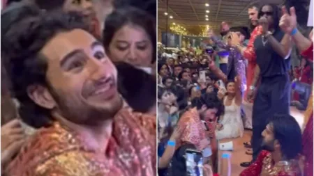 Ibrahim Ali Khan tries pulling  Rema’s jacket at Anant Ambani’s baraat, ‘Calm Down’ singer refuses to let go. Watch