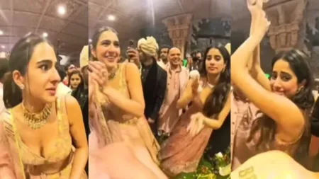 Janhvi Kapoor and Shikhar Pahariya dance to ‘Mere Mehboob Mere Sanam’, Sara Ali Khan looks puzzled. Watch