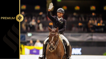 A German horse, his Indian rider and their slow trot before the big Games: Brav, Old Sir Caramello