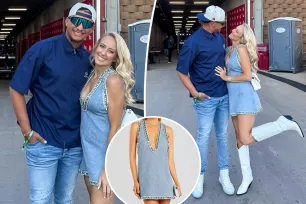 Pregnant Brittany Mahomes rocks bedazzled denim minidress at Morgan Wallen concert with Patrick, Travis Kelce