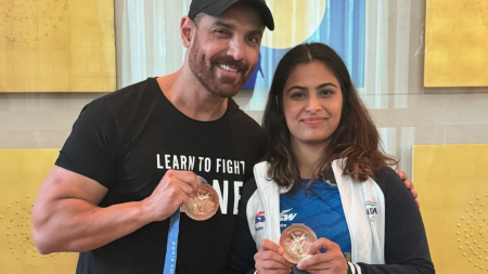 John Abraham poses with Manu Bhaker, netizens object to actor holding her bronze medal: ‘You didn’t even know her before Olympics’