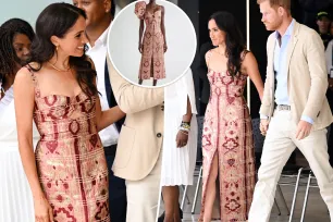 Meghan Markle glows in metallic maxi dress by Colombian designer during tour of the country with Prince Harry