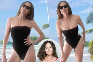 Minnie Driver models strapless cutout swimsuit in green-screen beach photo: ‘Questioning my sanity’