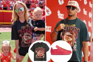 Patrick and Brittany Mahomes match in same Kansas City Chiefs T-shirt and red Adidas sneakers