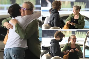 Bridget Fonda arrives at LAX with son Oliver Elfman in rare sighting