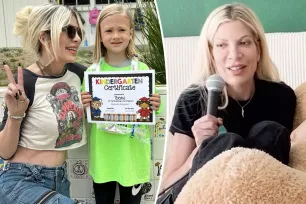 Tori Spelling admits she’s ‘so lazy’ that she dresses son Beau, 7, in school clothes before bed