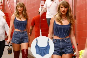 Taylor Swift rocks denim Versace corset and thigh-high boots to cheer on Travis Kelce and Chiefs