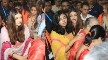 Aishwarya Rai Bachchan visits GSB Ganesh pandal with mom Vrinda and daughter Aaradhya. Watch