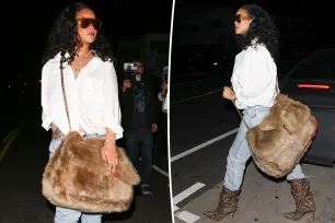 Rihanna brings comically oversized fur Saint Laurent purse to dinner at LA hotspot