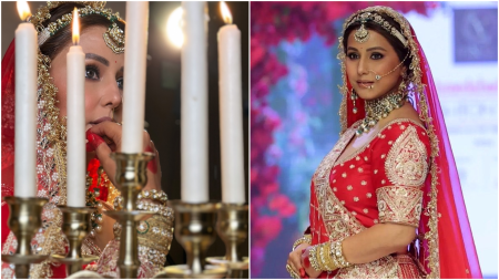 Hina Khan turns into a stunning bride in red for a ramp walk amid battle with cancer. Watch