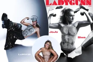 JoJo Siwa models bedazzled jockstrap and chest plate for LadyGunn magazine