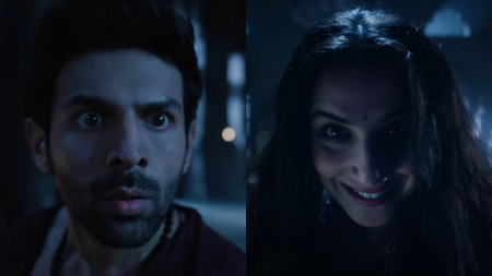 Bhool Bhulaiyaa 3 teaser: Vidya Balan returns as the terrifying Manjulika to scare off Kartik Aaryan’s Rooh Baba. Watch