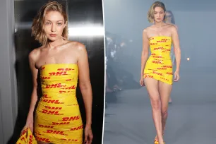 Gigi Hadid walks Vetements runway wrapped in DHL packing tape