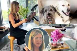 Jennifer Aniston gives another peek inside her $21M Bel-Air mansion while reading book to her dogs in cozy living room